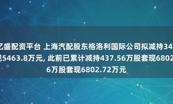 亿盛配资平台 上海汽配股东格洛利国际公司拟减持340万股套现5463.8万元, 此前已累计减持437.56万股套现6802.72万元